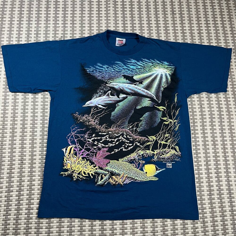 Vintage Stand Out Design Dolphin Marine life Blue Tee T Shirt‎ Men’s Sz L